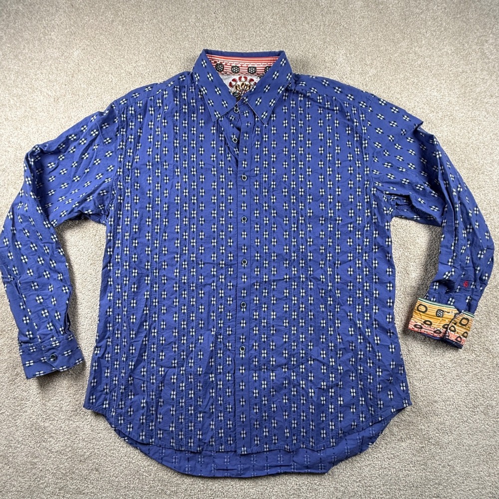 Robert Graham Mens 2XL Blue Geometric Dobby Long Sleeve Button Down Shirt